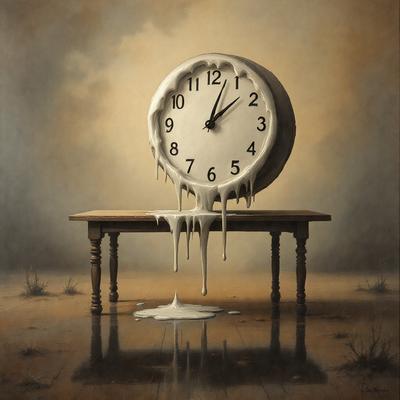 The primary subject of the image is a large clock with dripping icicles or frost, creating a unique and artistic visual effect. The clock is placed on a wooden table, which serves as the setting for the scene. The visual style of the image is a painting, showcasing the artist's creativity and skill in capturing the frosty atmosphere. The colors in the painting are predominantly white and gray, with the frost adding a touch of coldness and elegance to the scene.